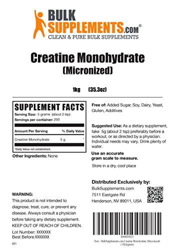 BulkSupplements Creatina Monohidratada 1 kg | 5 g por Porción