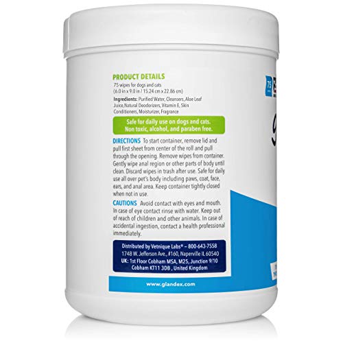 Vetnique Glandex 75 Toallitas higienicas perros y gatos con aloe y vitamina E