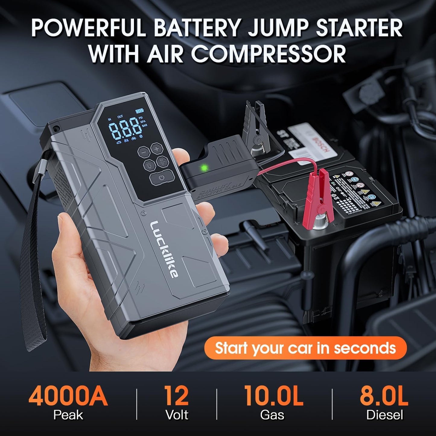 【New】 Lucklike Jump Starter with Air Compressor, 4000A Portable Car Battery Jumper Starter Pack for 10L Gas and 8L Diesel, Tire Inflator with Presssure Detection, 12V Jump Box with 3 Modes Flashlight