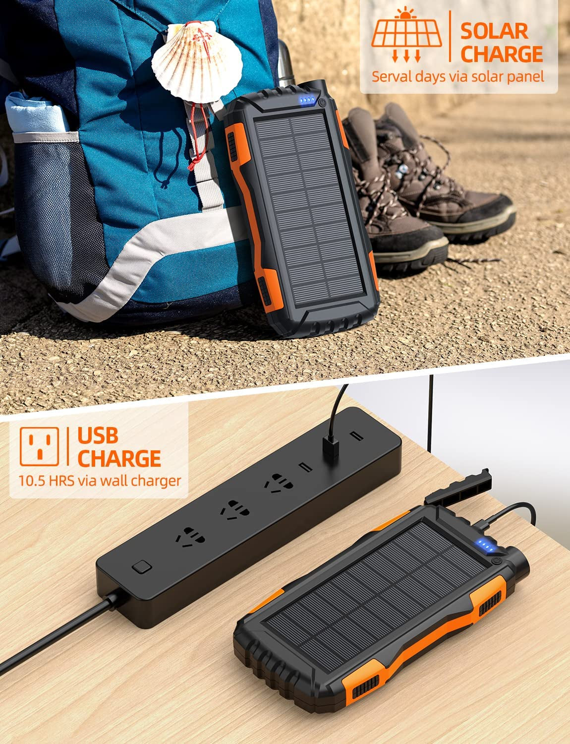 Power-Bank-Solar-Charger - 42800Mah Portable Charger,Solar Power Bank,External Battery Pack 5V3.1A Qc 3.0 Fast Charger Built-In Super Bright Flashlight (Orange)