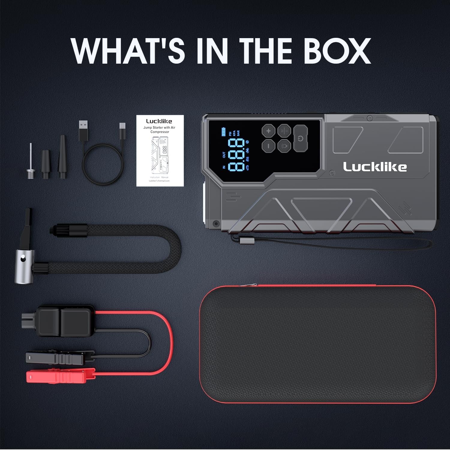 【New】 Lucklike Jump Starter with Air Compressor, 4000A Portable Car Battery Jumper Starter Pack for 10L Gas and 8L Diesel, Tire Inflator with Presssure Detection, 12V Jump Box with 3 Modes Flashlight