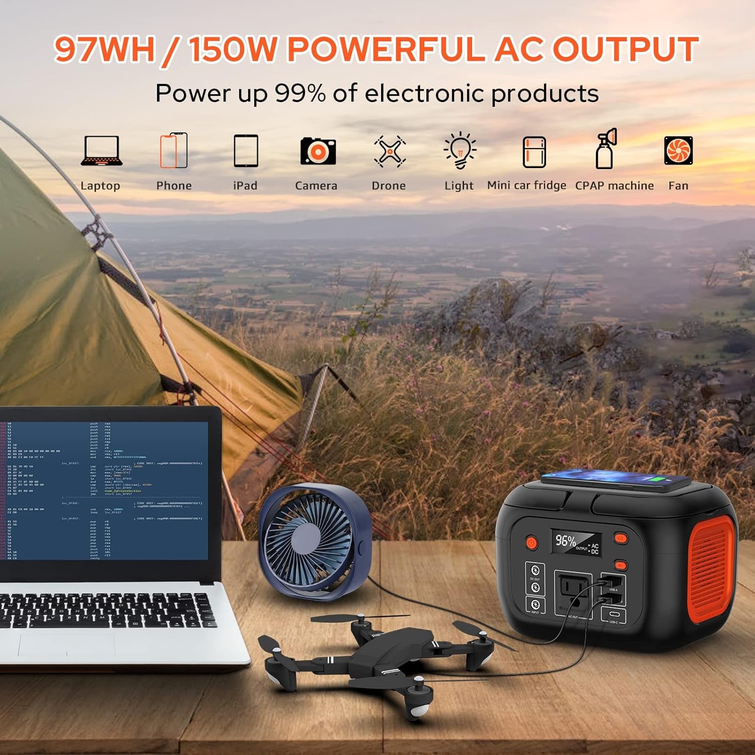 Portable Power Station 97Wh Power Bank 26400Mah Battery Pack Fasting Charging 150W AC Outlet Solar Generators with Wireless Charging Battery Bank LED Flashlight Power Supply for Camping RV Emergency