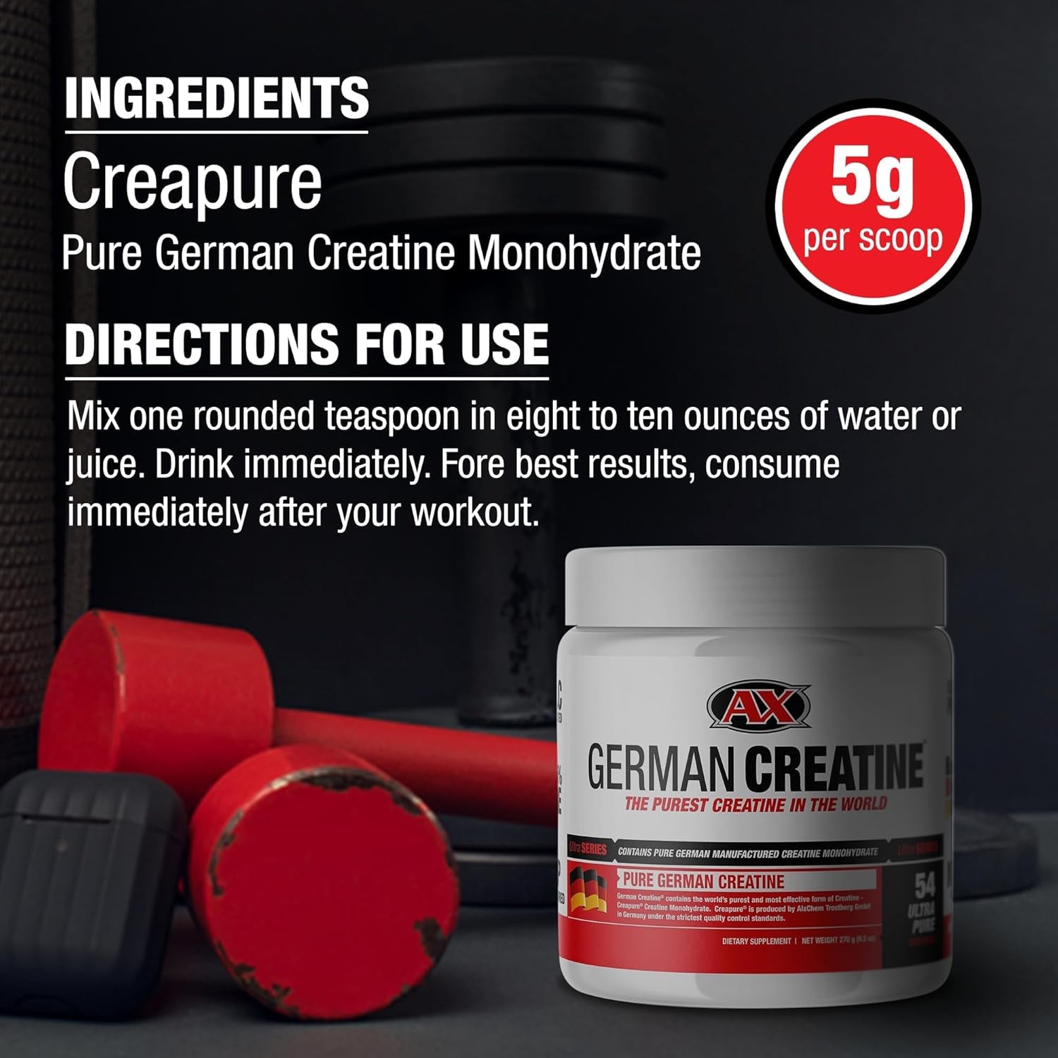 German Creatine - Pure Creapure Micronized Creatine Monohydrate Powder, Promotes Muscle Growth, Increase Muscle Mass, Enhance Strength, 99.99% Purity, 3Rd Party Tested, 270G (54 Servings)