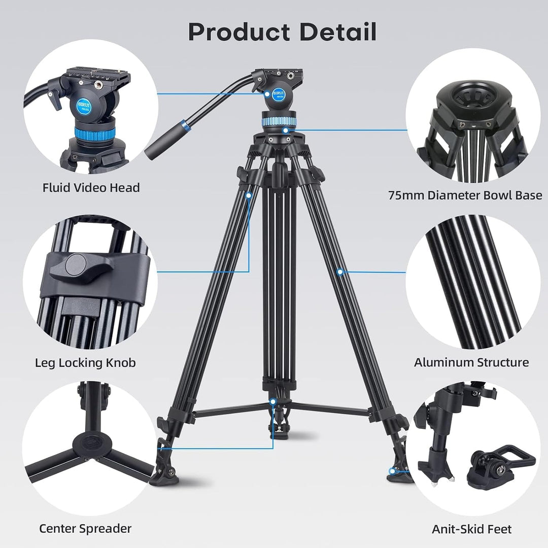 SIRUI AM-25S Video Tripod, 74.8" Professional Heavy Duty Tripod with Adjustable Damping Fluid Head for Camcorder, Cameras, DSLR, 360° Pan & +90°/-75° Tilt, Quick Release Plate, Max Load 22.0Lb