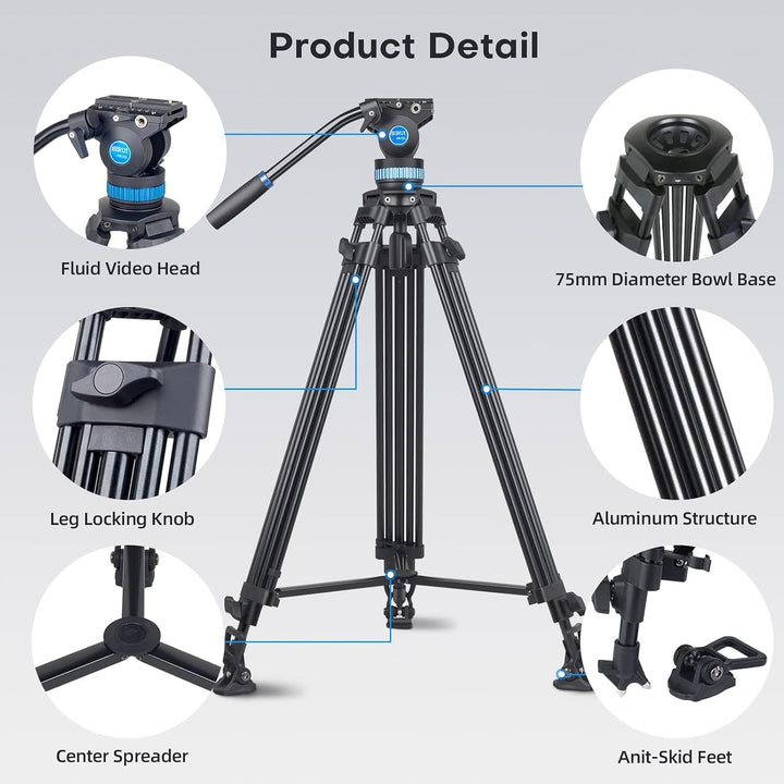 SIRUI AM-25S Video Tripod, 74.8" Professional Heavy Duty Tripod with Adjustable Damping Fluid Head for Camcorder, Cameras, DSLR, 360° Pan & +90°/-75° Tilt, Quick Release Plate, Max Load 22.0Lb
