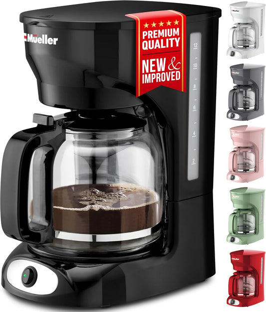 Mueller 12-Cup Drip Coffee Maker - Borosilicate Carafe, Auto-Off, Reusable Filter, Anti-Drip, Keep-Warm Function, Clear Water Level Window Coffee Machine, Ideal for Home or Office