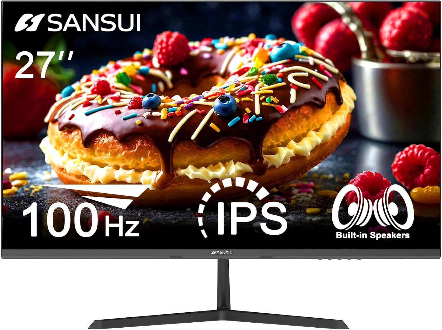 SANSUI Monitor 27 Inch IPS 100Hz Computer Monitor, Built-In Speakers FHD 1080P HDR Adaptive Sync Tilt Adjustable Frameless VESA Compatible for Office and Home(Es-27X3L)