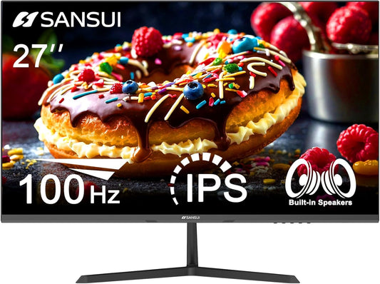 SANSUI Monitor 27 Inch IPS 100Hz Computer Monitor, Built-In Speakers FHD 1080P HDR Adaptive Sync Tilt Adjustable Frameless VESA Compatible for Office and Home(Es-27X3L)