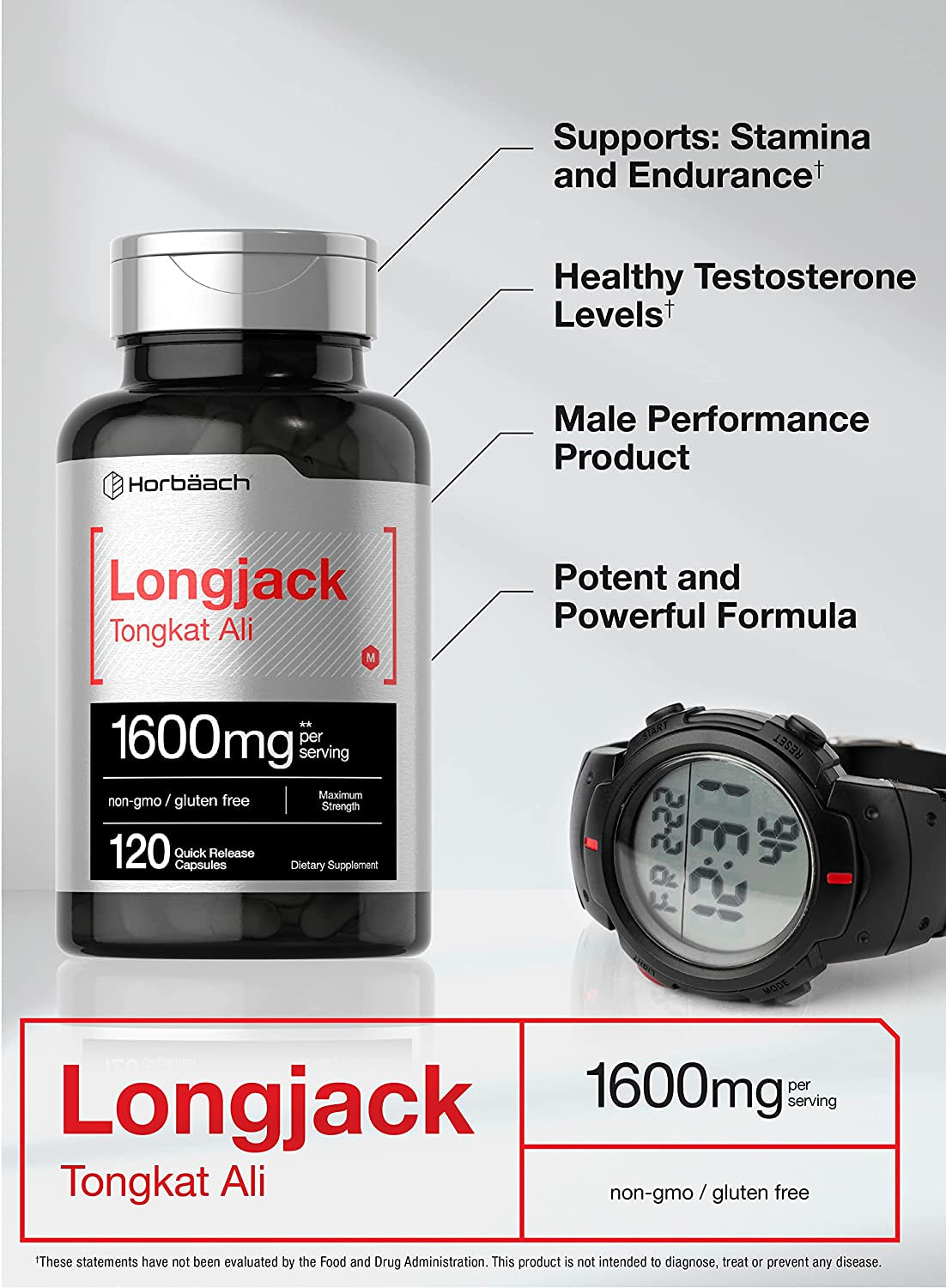 Horbäach Longjack Tongkat Ali 1600 Mg | 120 Capsules | Longifolia Root Extract Powder | Maximum Strength Formula | Non-Gmo, Gluten Free