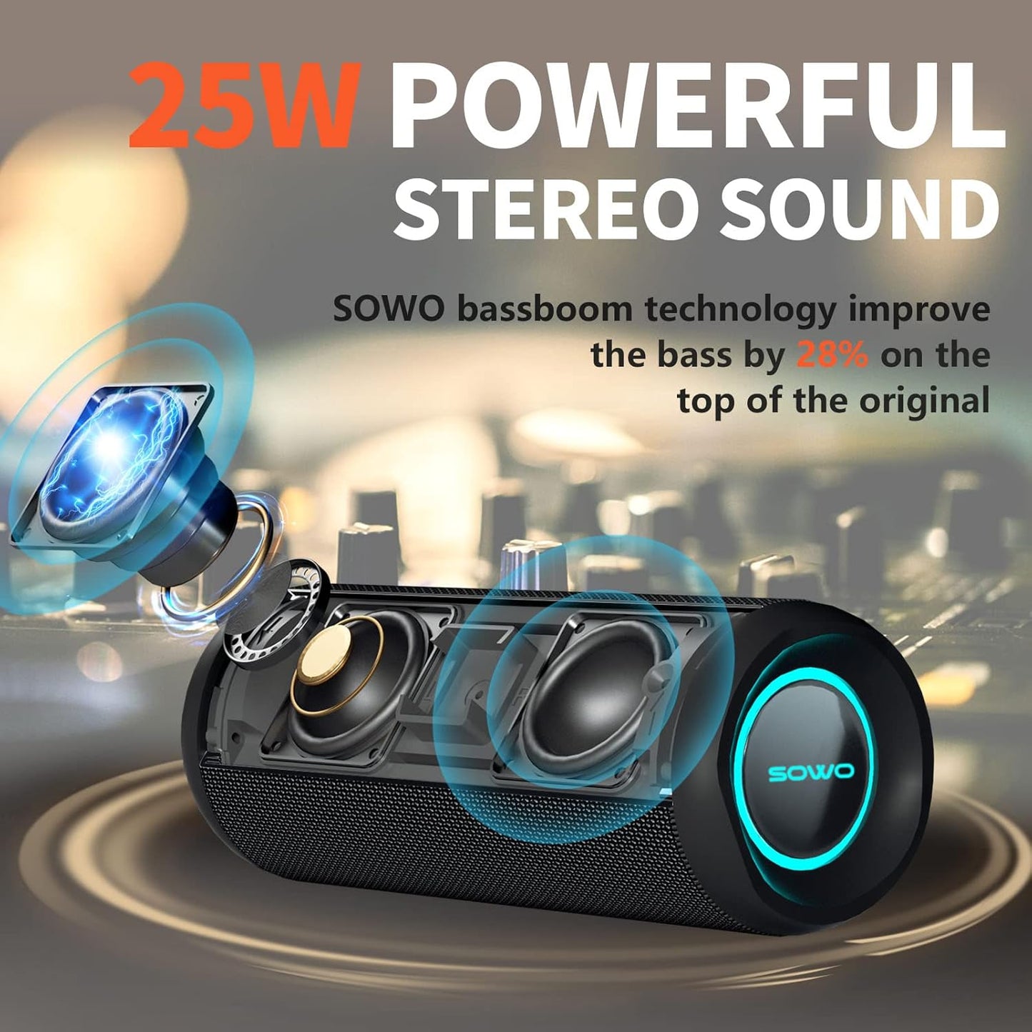 Portable Speaker, Wireless Bluetooth Speaker, IPX7 Waterproof, 25W Loud Stereo Sound, Bassboom Technology, TWS Pairing, Built-In Mic, 16H Playtime with Lights for Home Outdoor - Black