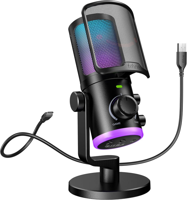 FIFINE Gaming PC Microphone, USB Streaming Microphone with Game Chat Balance, Computer Condenser Desktop RGB Mic with Mute Button, Noise Cancellation for Podcast/Twitch/Discord-Ampligame AM6