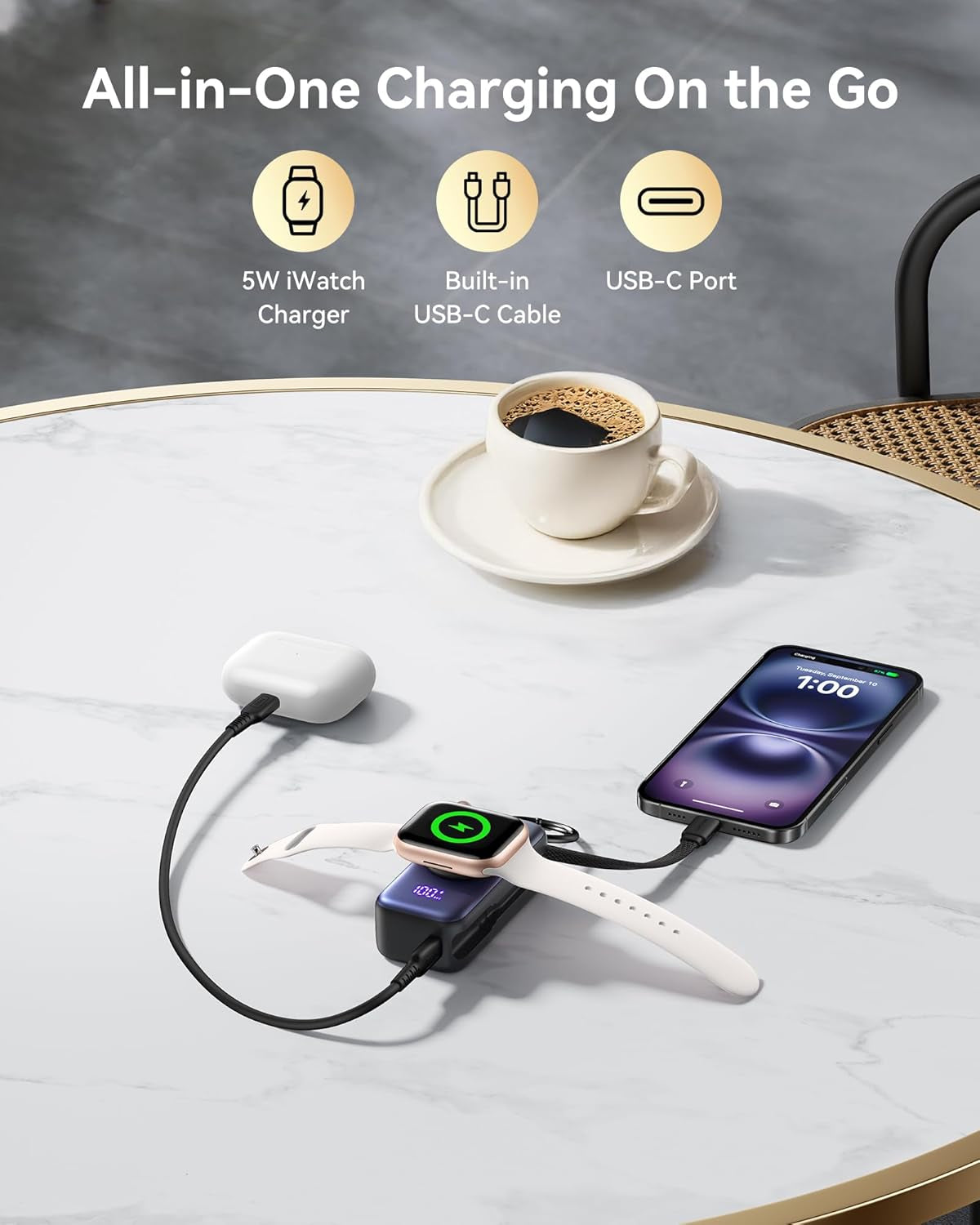 INIU 3-In-1 Portable Charger, Small 5000Mah Power Bank with Built-In USB C Cable and Watch Charger, 20W PD Fast Charging Battery Pack, Travel Charger for Iphone 16 15, Apple Watch, Etc