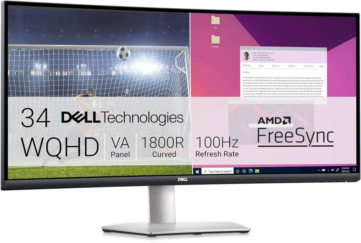 Dell S3423DWC Curved USB-C Monitor - 34-Inch WQHD (3440X1440) 100Hz 4Ms 21:9 Display, USB-C Connectivity, 2 X 5W Audio Output, 16.7 Million Colors, Height/Tilt Adjustable - Silver