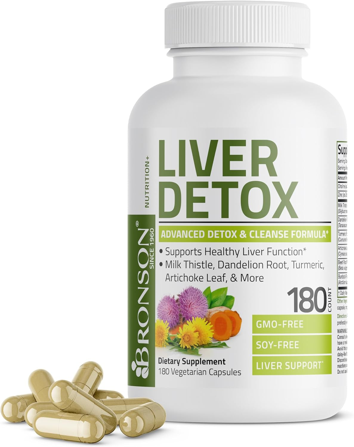 Bronson Liver Detox Advanced Detox & Cleansing Formula Supports Health Liver Function with Milk Thistle, Dandelion Root, Turmeric, Artichoke Leaf & More, Non-Gmo, 180 Vegetarian Capsules