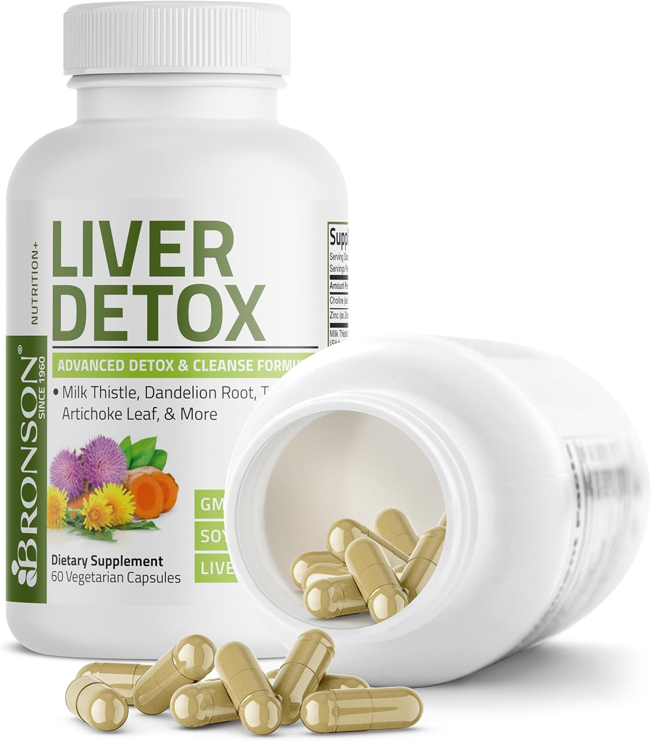 Bronson Liver Detox Advanced Detox & Cleansing Formula Supports Health Liver Function with Milk Thistle, Dandelion Root, Turmeric, Artichoke Leaf & More, Non-Gmo, 60 Vegetarian Capsules