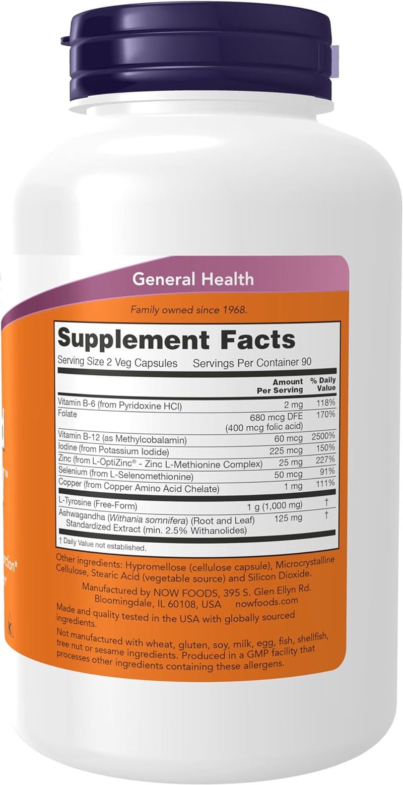 NOW Foods Supplements, Thyroid Energy™, Iodine and Tyrosine plus Selenium, Zinc and Copper, 180 Veg Capsules