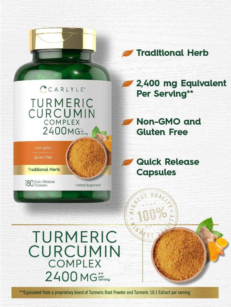 Carlyle Turmeric Curcumin Supplement 2400Mg | 180 Powder Capsules | Herbal Complex | Non-Gmo, Gluten Free Formula