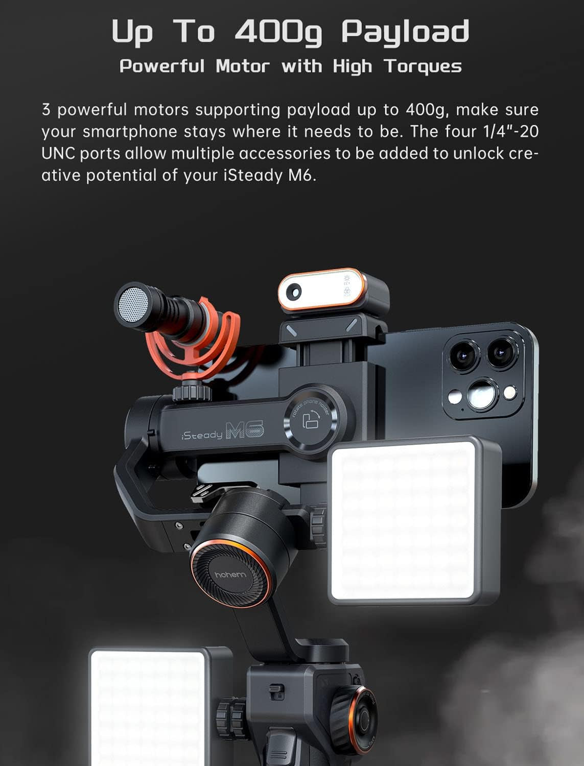 Hohem Isteady M6 Kit Smartphone Gimbal Stabilizer 3-Axis with Magnetic Fill Light/Ai Tracking Sensor for Iphone Android with 0.91-Inch OLED Display Max Payload 400G 2023 Upgraded