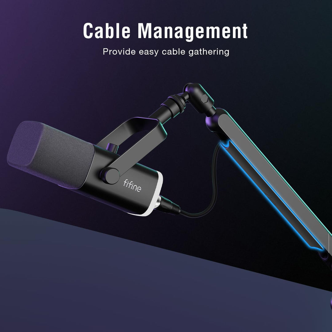 FIFINE Gaming Microphone and Low Profile Arm Stand Bundle, XLR/USB Dynamic Mic with Mute Button, RGB Light, Desktop Stand, Adjustable Boom Arm Kit with Screw Adapter for Streaming Studio (AM8+BM88)