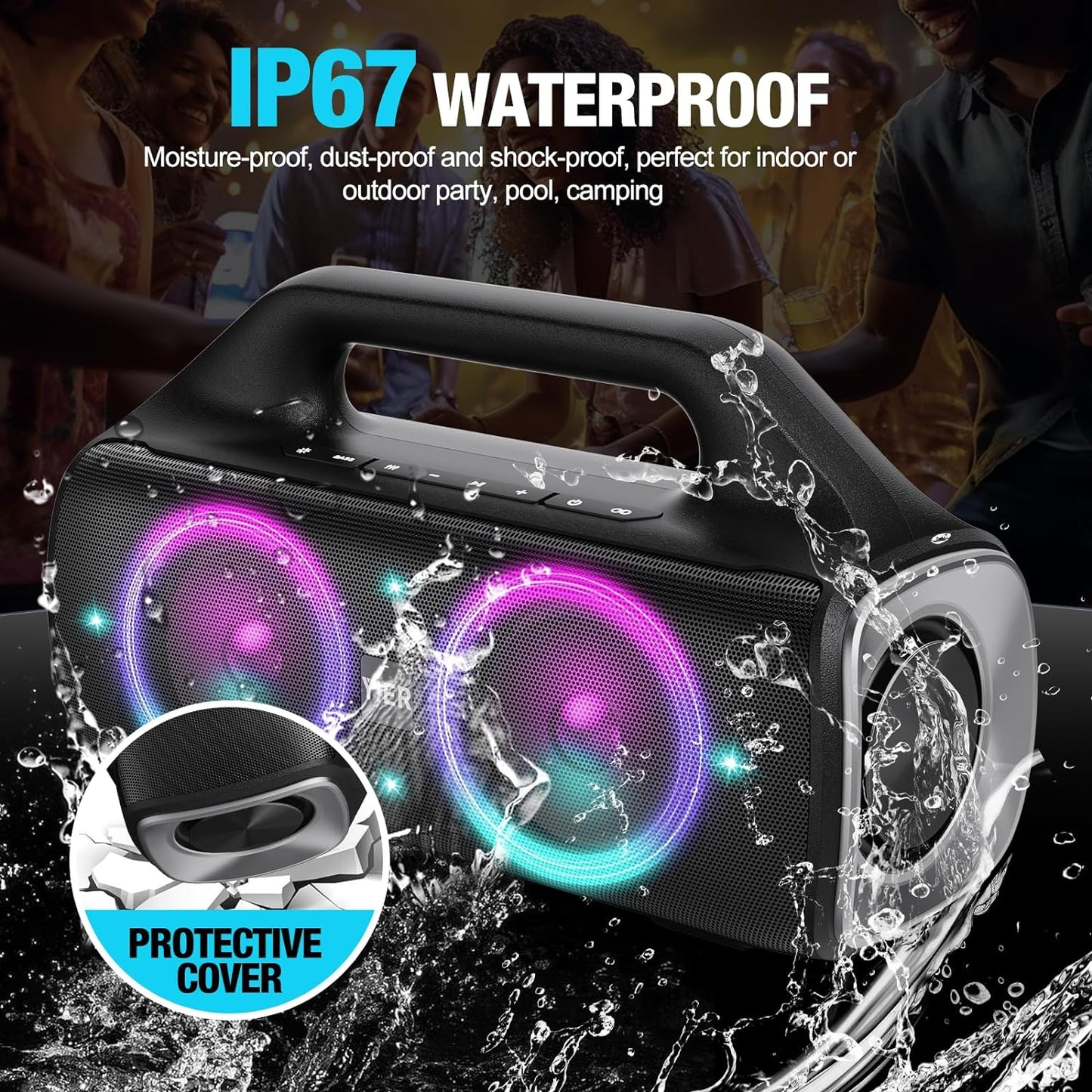 Portable Bluetooth Speakers, 80W Peak Wireless Outdoor Speaker with Subwoofer, Deep Bass, IP67 Waterproof, 100Db Loud Party Speakers for Camping, Beach, Garage