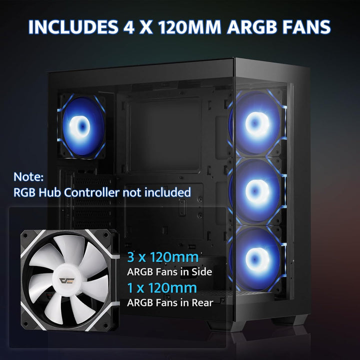 Darkflash ATX Mid-Tower PC Case, Pre-Install 4 PWM ARGB Fans Computer Case, Full View Dual Tempered Glass Gaming PC Case, Type C Port, Supports up to 360Mm Water Cooling Radiator, Black(Ds900)