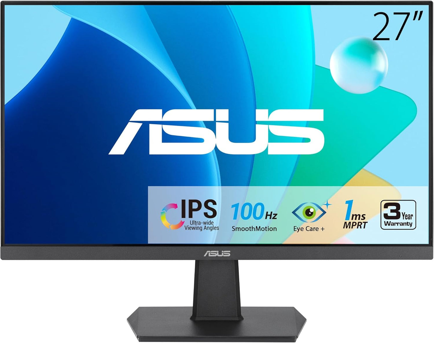 ASUS 27 Inch Monitor - 1080P, IPS, Full HD, Frameless, 100Hz, 1Ms, Adaptive-Sync, for Working and Gaming, Low Blue Light, Flicker Free, HDMI, VESA Mountable, Tilt - Va27Ehf,Black