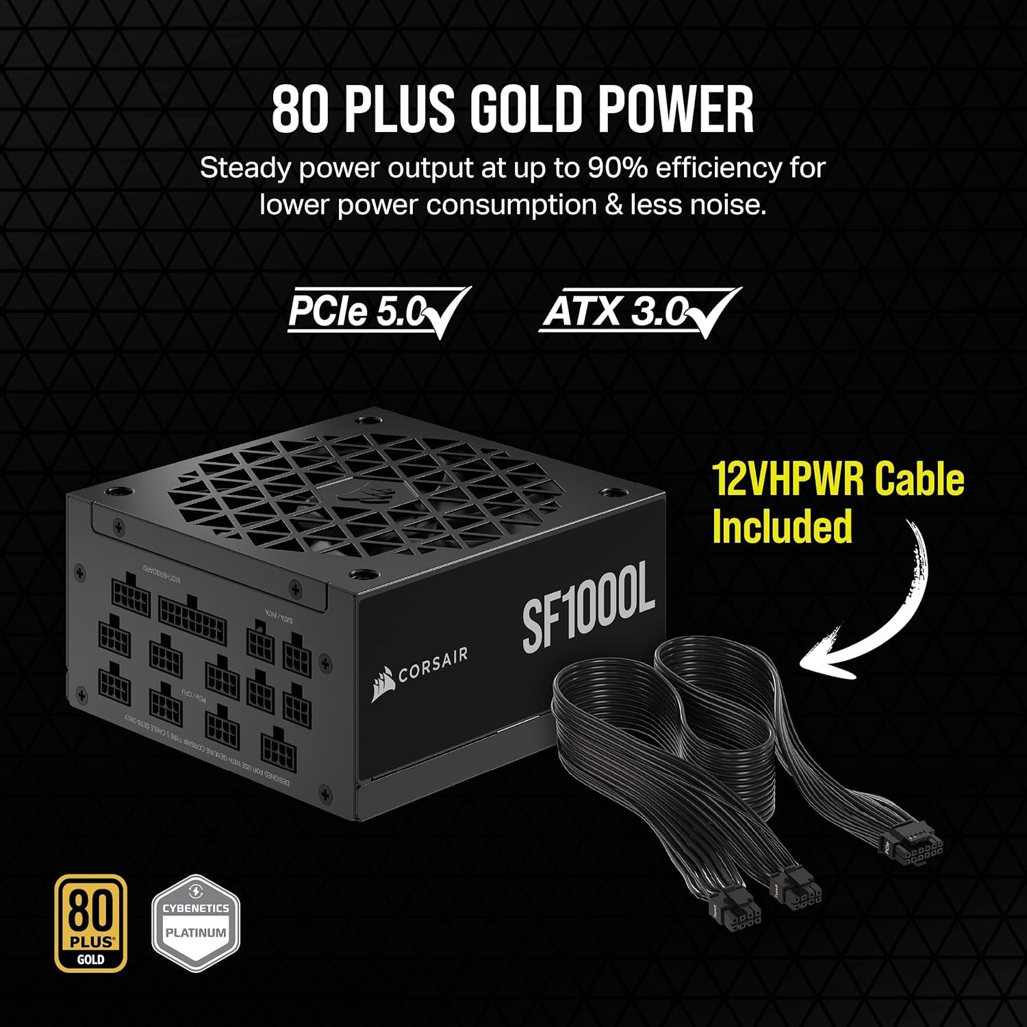 Corsair 1000W Fully Modular SFX Power Supply - ATX 3.0, Pcie 5.0, Quiet 120Mm Fan, 80 plus Gold, Zero RPM Mode, 105°C Capacitors - Black