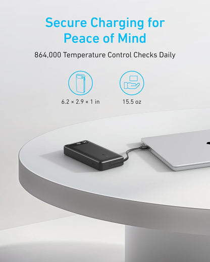Anker Power Bank, 20,000Mah Portable Charger with Built-In USB-C Cable, 87W Max Fast Charging Battery, 2 USB-C and 1 USB-A, for Macbook, Iphone 16/15/14 Series, Samsung, Switch, and More