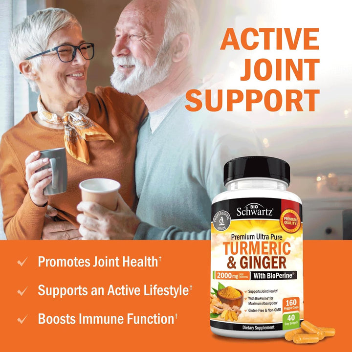 Turmeric and Ginger Supplement with Bioperine - 2000Mg High Absorption, 95% Curcuminoids - Non-Gmo, Gluten-Free Turmeric Supplement for Joint and Immune Support - 160 Capsules