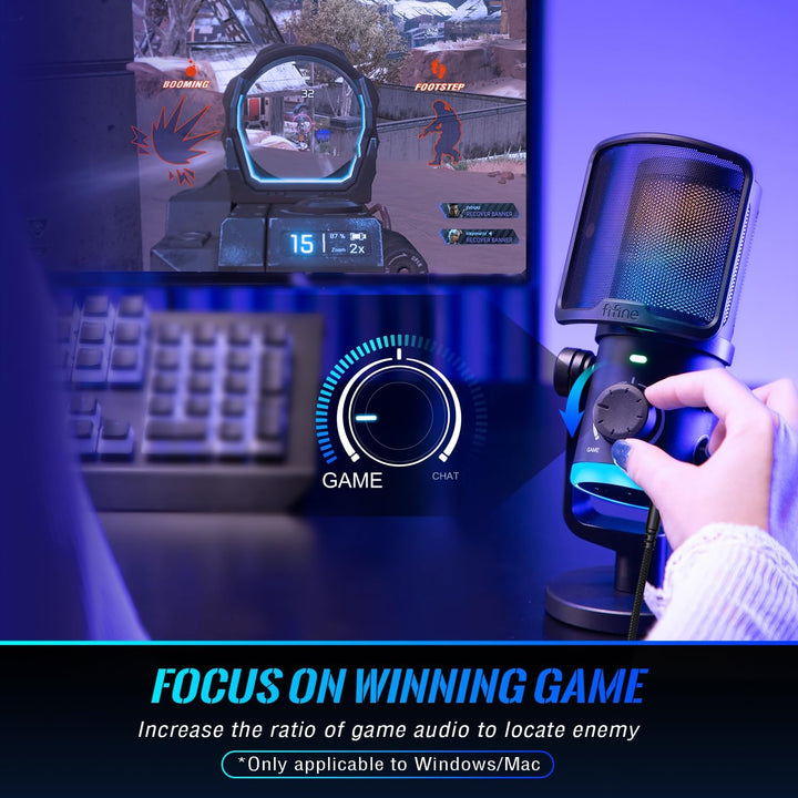 FIFINE Gaming PC Microphone, USB Streaming Microphone with Game Chat Balance, Computer Condenser Desktop RGB Mic with Mute Button, Noise Cancellation for Podcast/Twitch/Discord-Ampligame AM6