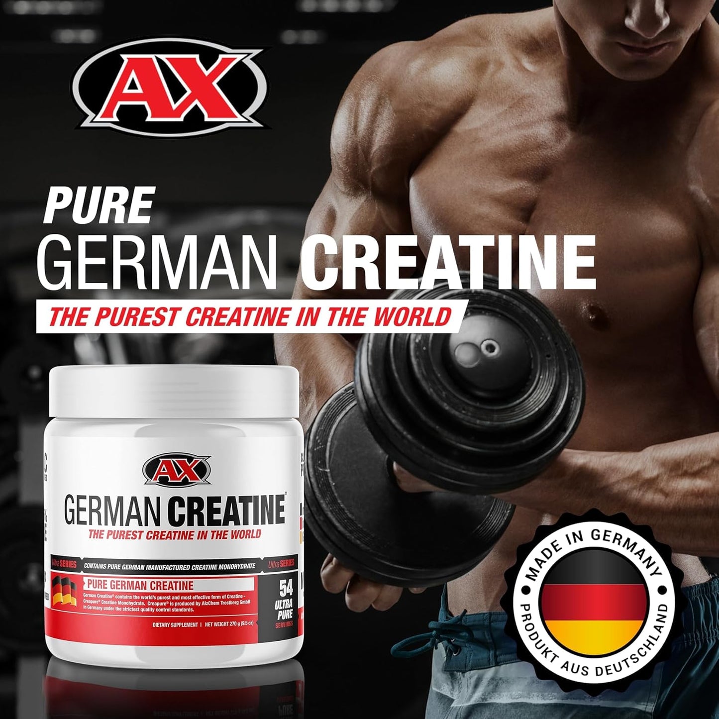 German Creatine - Pure Creapure Micronized Creatine Monohydrate Powder, Promotes Muscle Growth, Increase Muscle Mass, Enhance Strength, 99.99% Purity, 3Rd Party Tested, 270G (54 Servings)