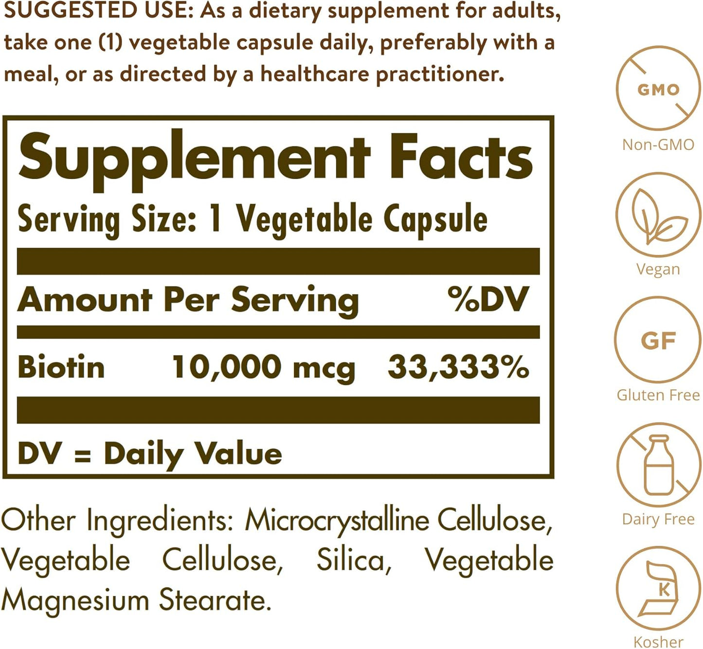 Solgar Biotin 10,000 Mcg, 120 Vegetable Capsules - Energy, Metabolism, Promotes Healthy Skin, Nails & Hair - Super High Potency - Non-Gmo, Vegan, Gluten, Dairy Free, Kosher - 120 Servings