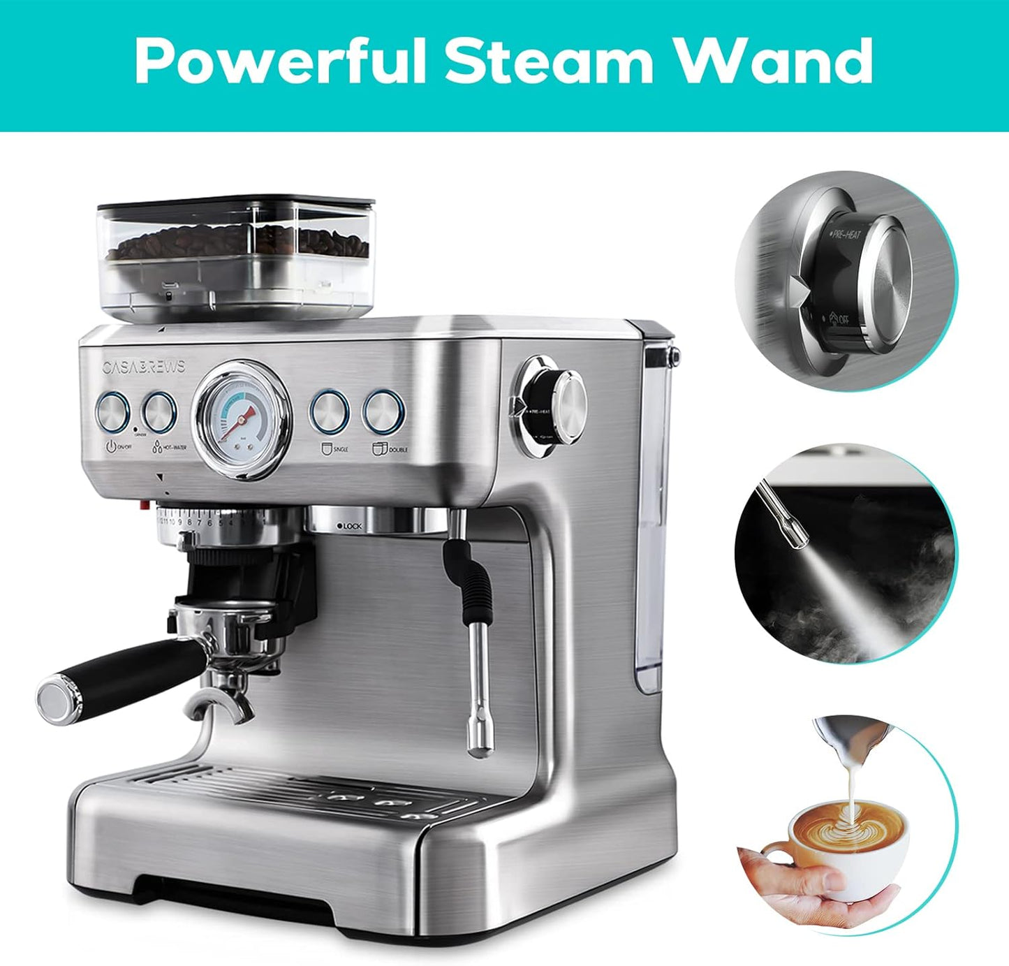 CASABREWS Espresso Machine with Grinder, Professional Espresso Maker with Milk Frother Steam Wand, Barista Latte Machine with Removable Water Tank for Cappuccinos or Macchiatos, Gift for Mom Dad