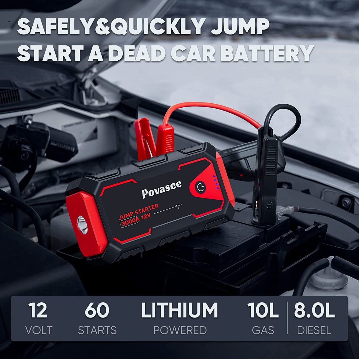 Jump Starter 3000A Peak Jump Starter Battery Pack, 12V Jump Box for Car Battery up to 10L Gas or 8L Diesel Engine Battery Jump Starter with Power Bank/Dual Output/Led Light (3000A)