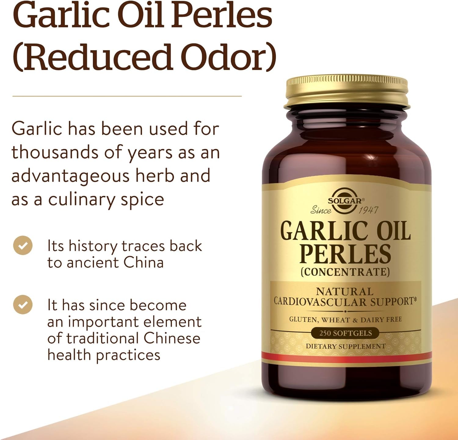 Solgar Garlic Oil Perles, 250 Softgels - Natural Cardiovascular Support - Garlic Oil Concentrate, Reduced Odor - Gluten Free, Dairy Free - 250 Servings