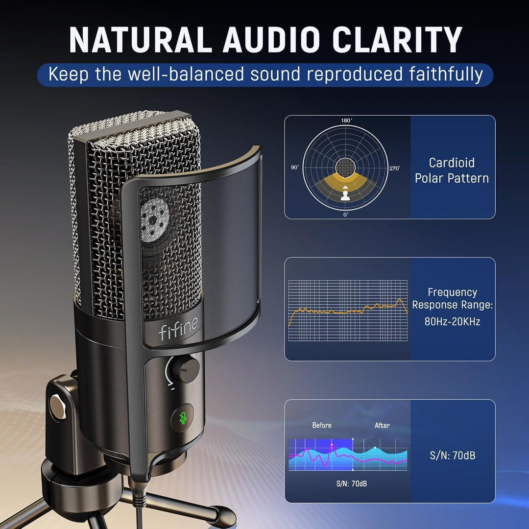 FIFINE Podcast Recording Microphone, PC USB Condenser Microphone for Streaming Vocal Music, Computer Desktop Mic with Mute Button for Windows/Mac OS-K669PRO1