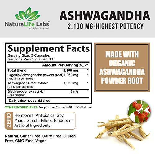 NaturaLife Labs Ashwagandha Organica 2 100 mg | 100 Capsulas
