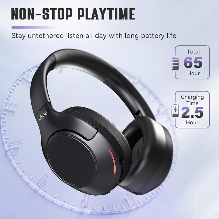 FIFINE Wireless Bluetooth Headphones, Over-Ear Noise Canceling Headphones with Soft Earmuffs, up to 65H Playtime for Music, Phone Calls, Sport Travel Headset for Iphone/Android/Tablet-X3 Black