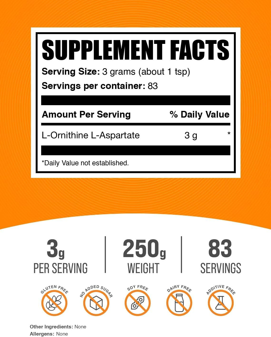 Bulksupplements.Com L-Ornithine L-Aspartate Powder - Ornithine Supplement, Ornithine Powder - Amino Acid Supplement, Gluten Free, 3G per Serving, 250G (8.8 Oz) (Pack of 1)