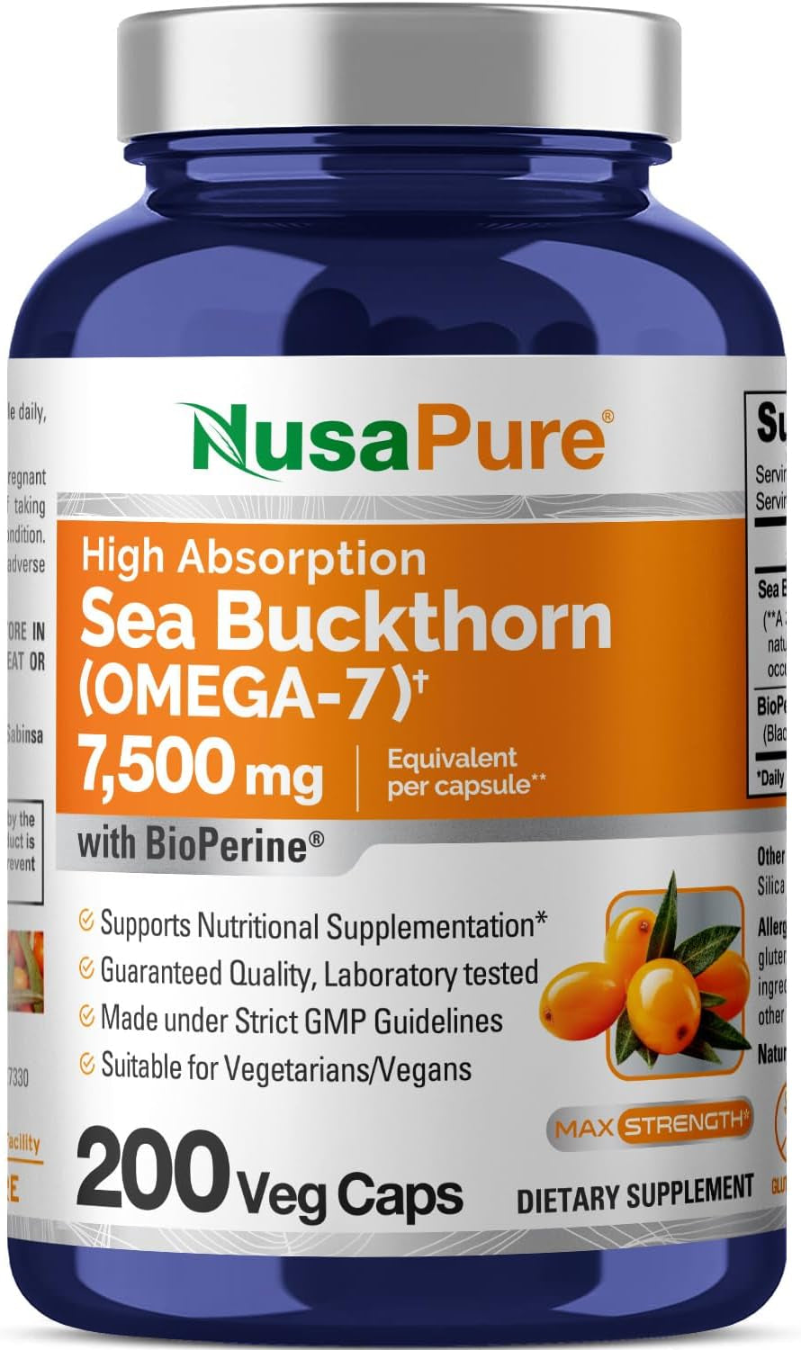 Nusapure Sea Buckthorn Omega-7 7500Mg per Veggie Powder Caps - 200 Count - Extract 30:1, Non-Gmo & Vegan