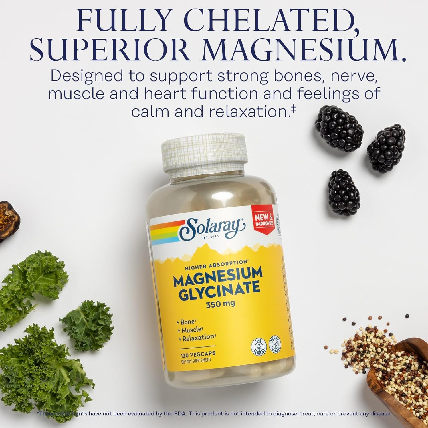 SOLARAY Magnesium Glycinate Capsules, Chelated Magnesium Bisglycinate W/Bioperine, Higher Absorption Magnesium Supplement - Bones, Muscles, Heart Support, Vegan, 275 Count (30 Servings, 120 Vegcaps)