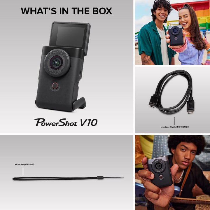 Canon Powershot V10 Camera, Content Creator Compact Vlogging Camera, Fixed 19Mm Wide-Angle Lens, 4K Video, Face Detection, Built-In Microphone, Live Streaming, Built-In Stand, Black