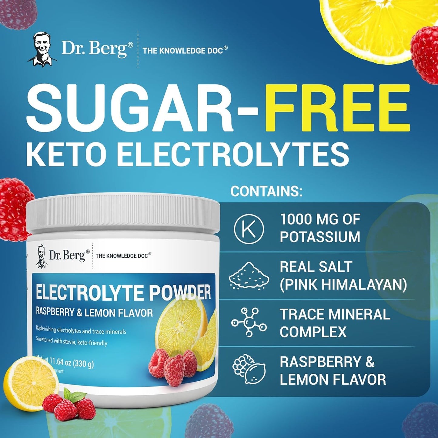 Dr. Berg Zero Sugar Hydration Keto Electrolyte Powder - Enhanced W/ 1000 Mg of Potassium & Real Pink Himalayan Salt (NOT Table Salt) - Raspberry & Lemon Flavor Hydration Drink Supplement - 50 Servings