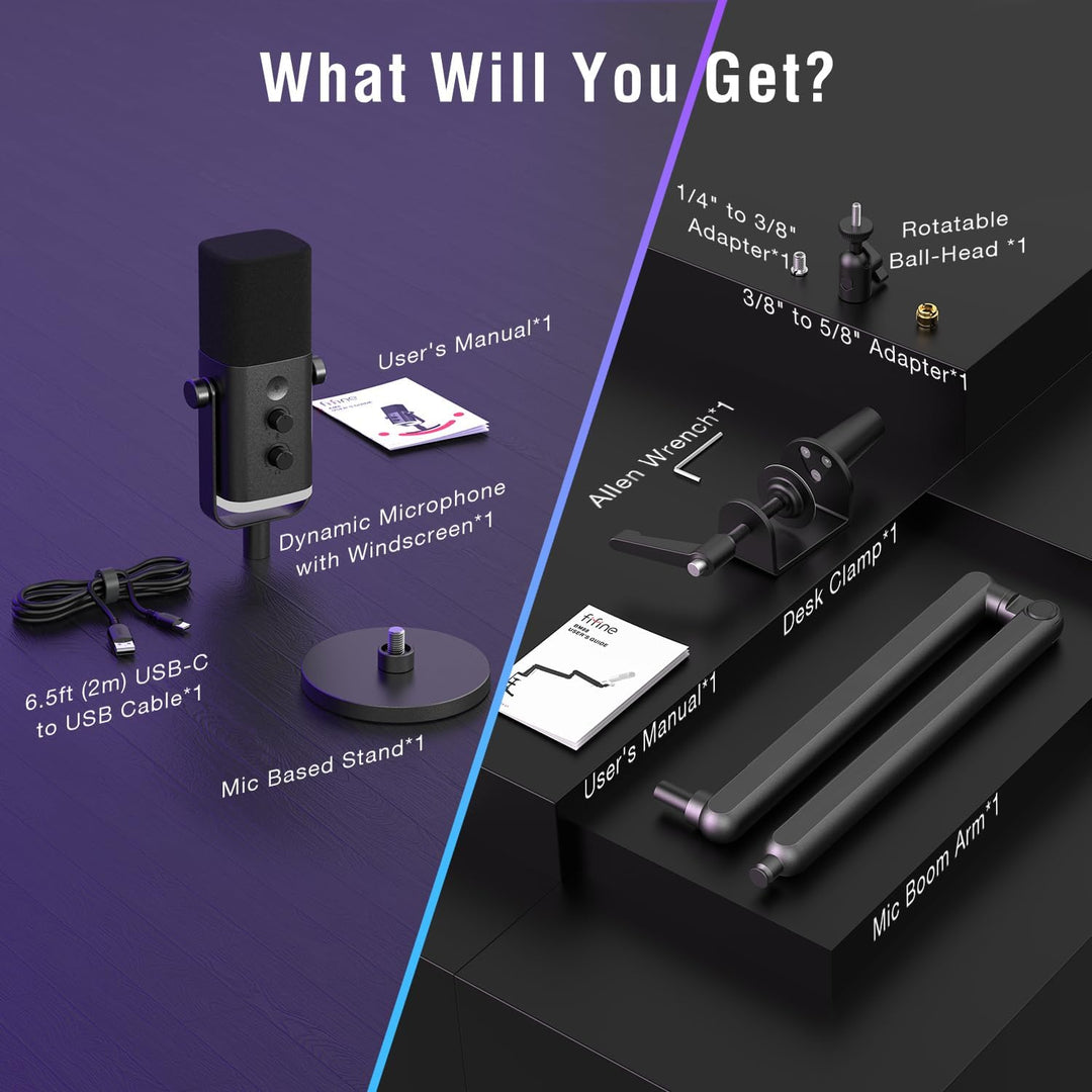 FIFINE Gaming Microphone and Low Profile Arm Stand Bundle, XLR/USB Dynamic Mic with Mute Button, RGB Light, Desktop Stand, Adjustable Boom Arm Kit with Screw Adapter for Streaming Studio (AM8+BM88)