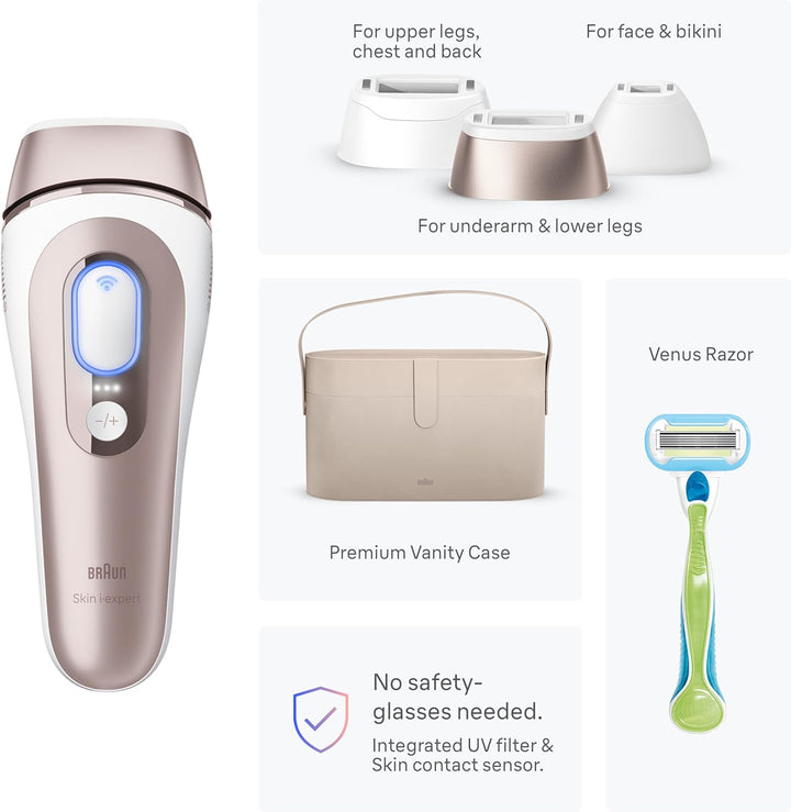 Braun IPL Skin I·Expert, at Home Laser Hair Removal, Holiday Gifts for Women and Men with Free App, Vanity Case, Venus Razor, 4 Smart Heads, PL7387