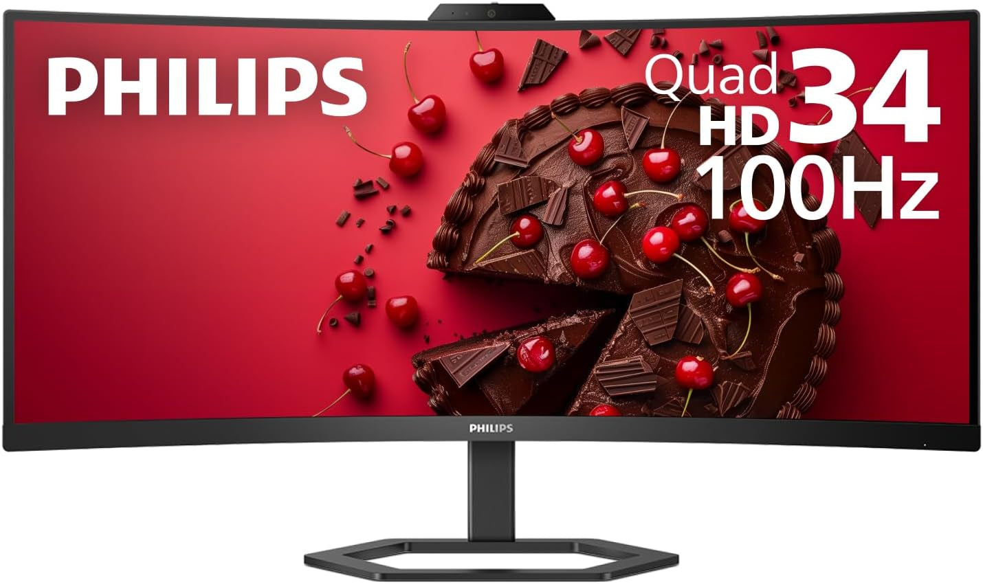 PHILIPS 34E1C5600HE 34" Ultrawide QHD 21:9 Monitor with Built-In Windows Hello Webcam & Noise Canceling Mic, USB-C Docking, Stereo Speakers, 100Hz, 4-Year Advance Replacement