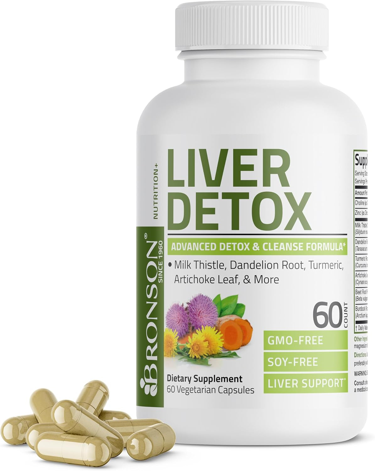 Bronson Liver Detox Advanced Detox & Cleansing Formula Supports Health Liver Function with Milk Thistle, Dandelion Root, Turmeric, Artichoke Leaf & More, Non-Gmo, 60 Vegetarian Capsules