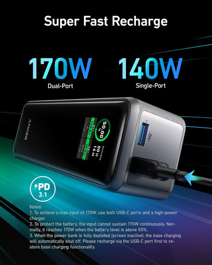 Anker Prime Power Bank, 27,650Mah 3-Port 250W Portable Charger (99.54Wh) Smart App, Compatible with Macbook Pro/Air, Iphone 16/15/14/13 Series, Samsung, Dell, and More (Charging Base Not Included)