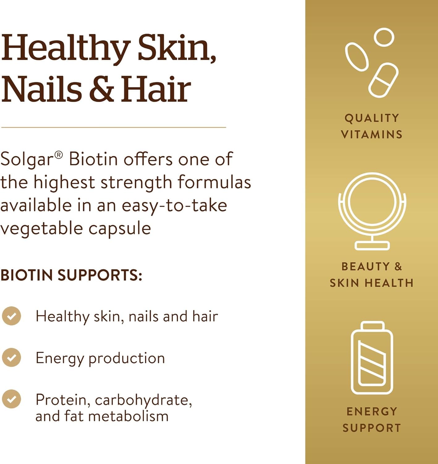 Solgar Biotin 10,000 Mcg, 120 Vegetable Capsules - Energy, Metabolism, Promotes Healthy Skin, Nails & Hair - Super High Potency - Non-Gmo, Vegan, Gluten, Dairy Free, Kosher - 120 Servings