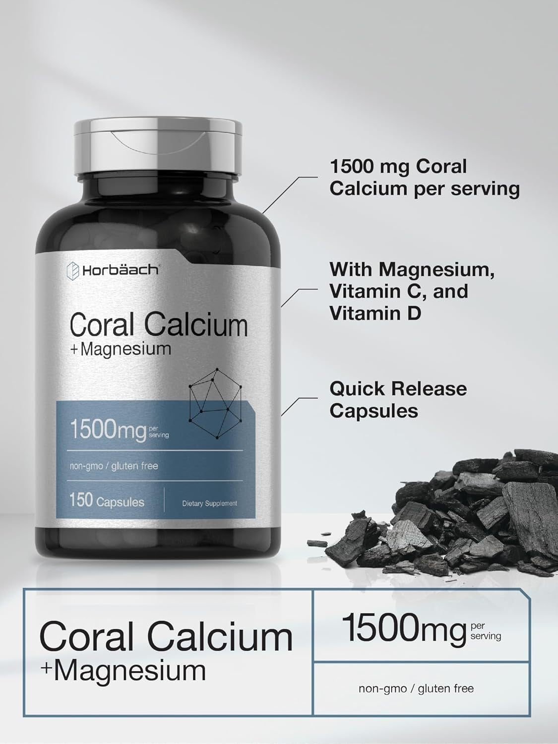 Horbäach Coral Calcium 1500Mg 150 Capsules | plus Magnesium | Non-Gmo, Gluten Free Supplement